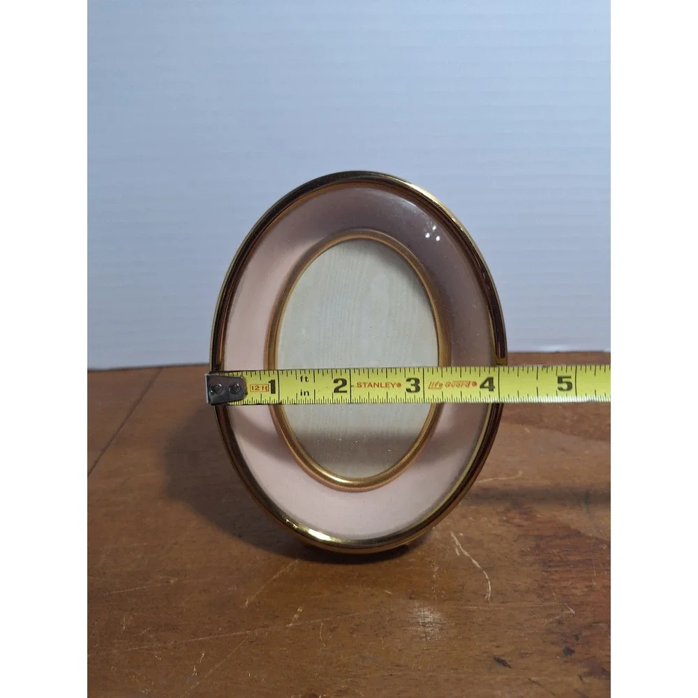 Vintage Oval Enamel Picture Frame Blush Pink Gold Tone Tabletop 6.25x4.75in